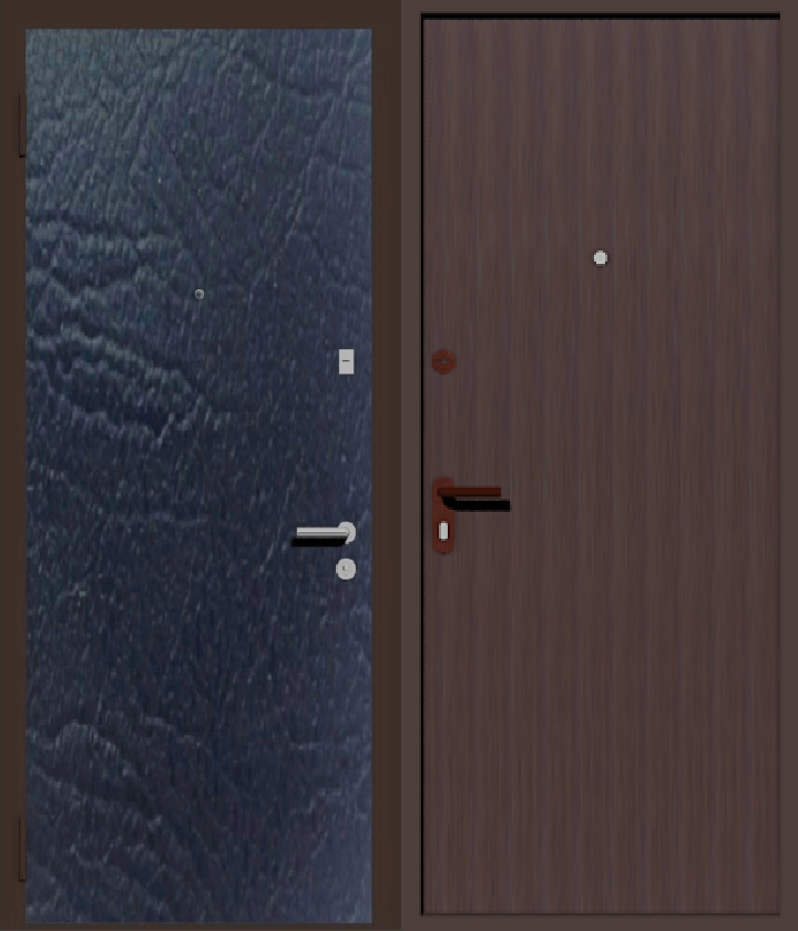 дверь металлическая дешевая с отделкой винилискожей коричневая с  внутренней стороны и черная с наружной 